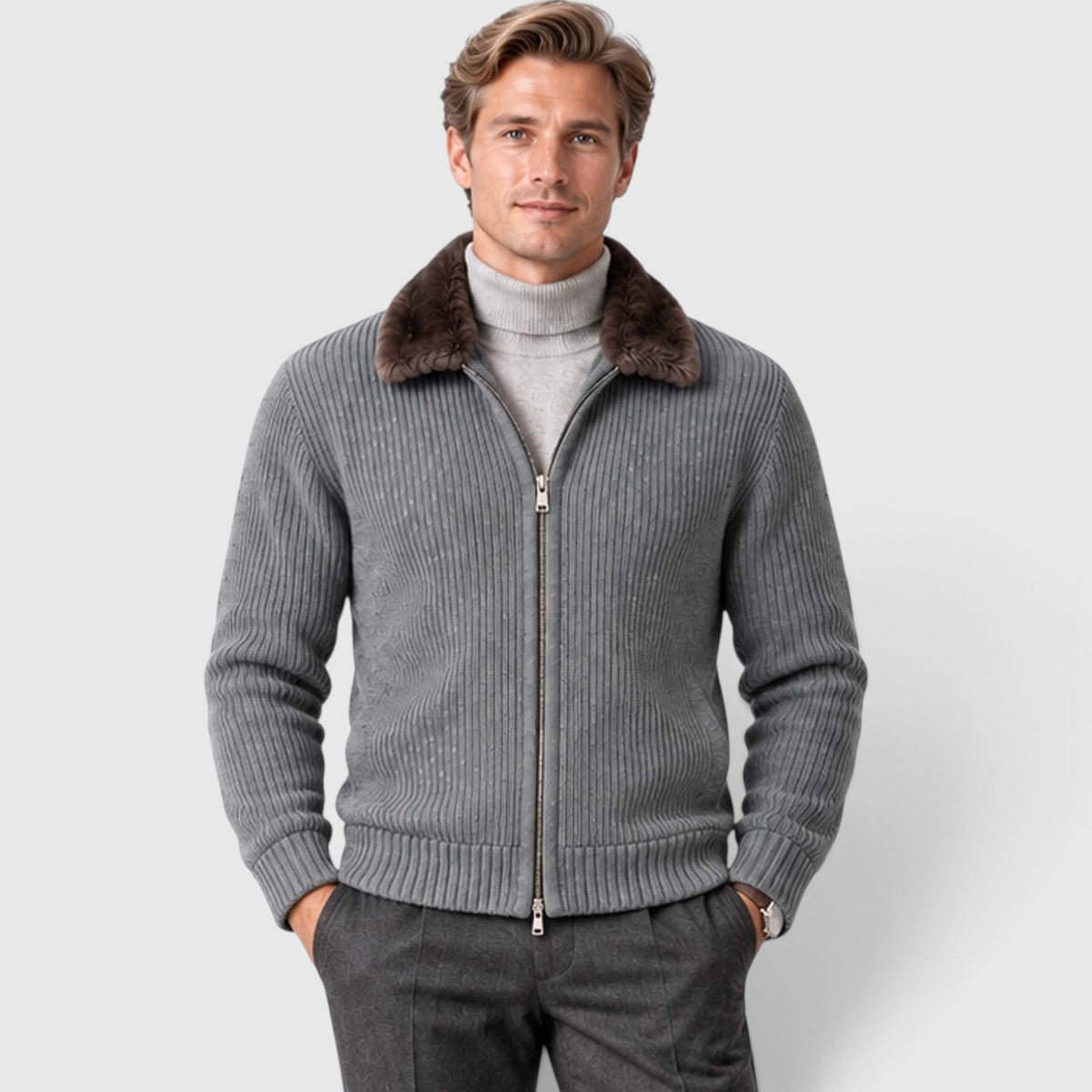 Men's Ribbed Knit Zip Cardigan with Faux Fur Collar