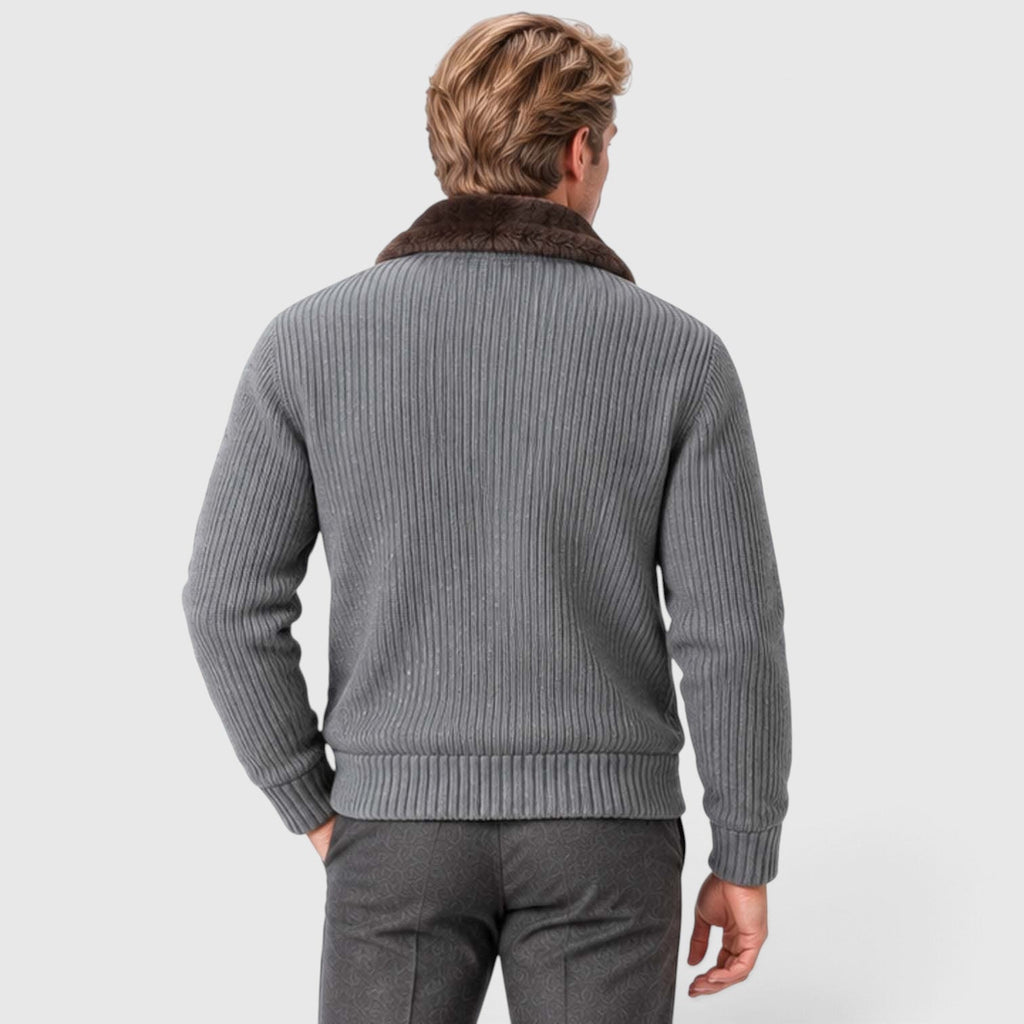 Men's Ribbed Knit Zip Cardigan with Faux Fur Collar