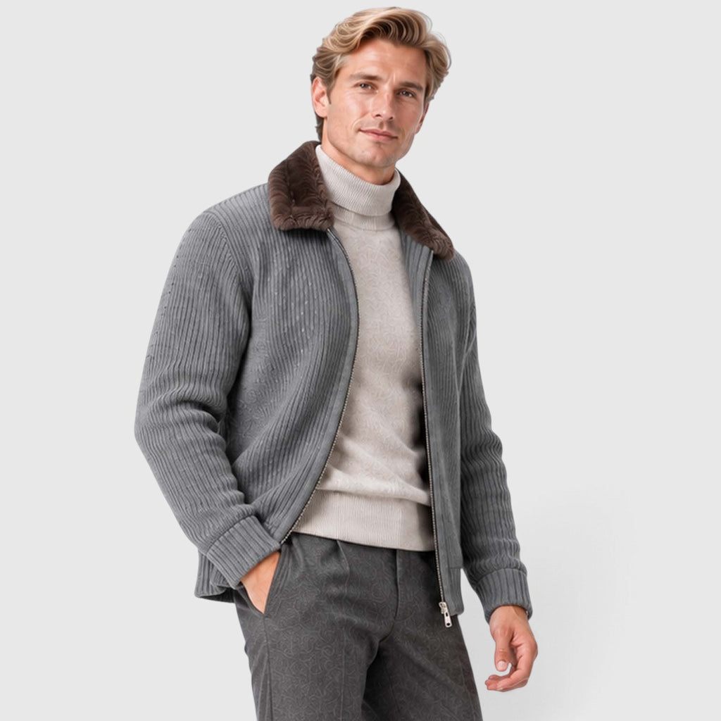 Men's Ribbed Knit Zip Cardigan with Faux Fur Collar