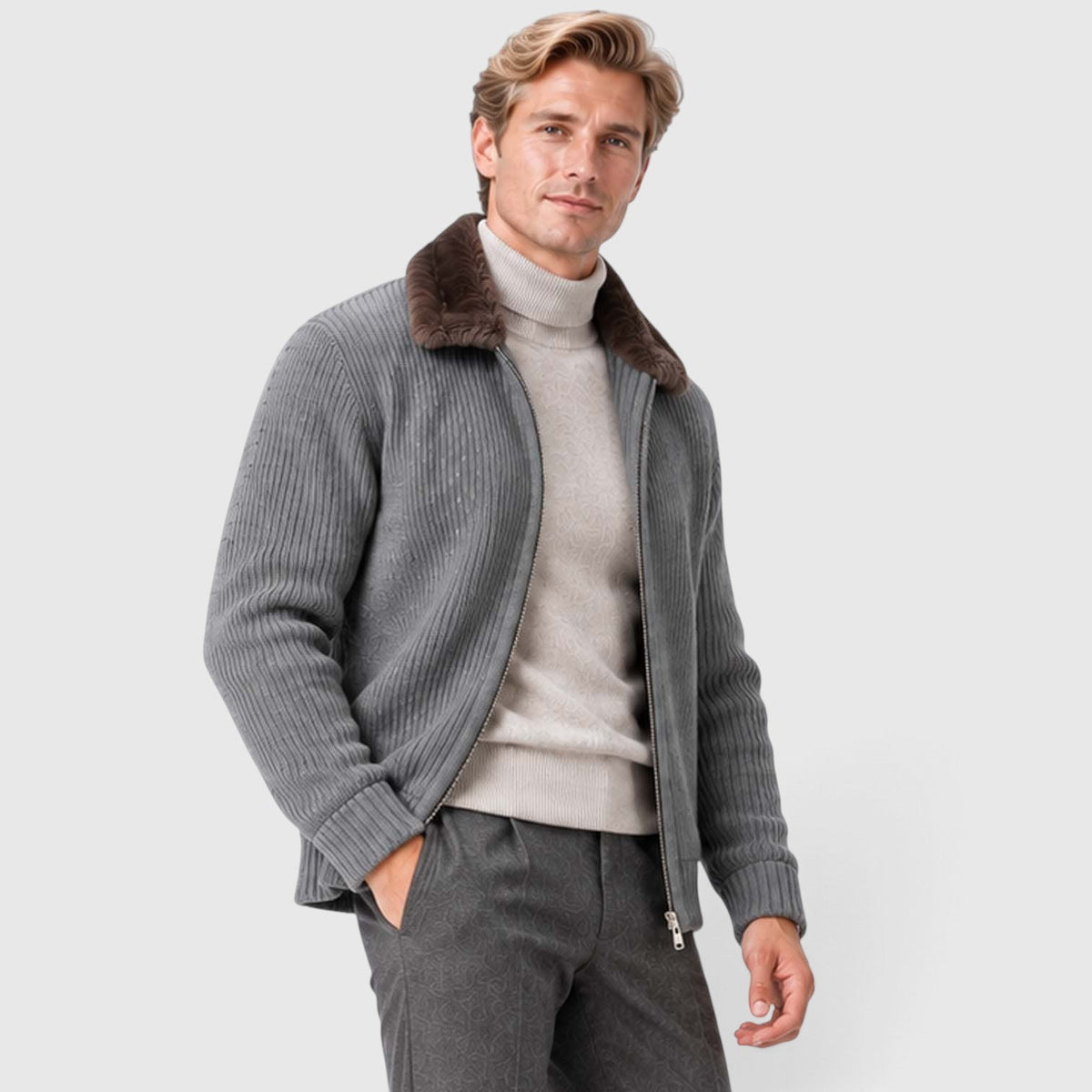 Men's Ribbed Knit Zip Cardigan with Faux Fur Collar