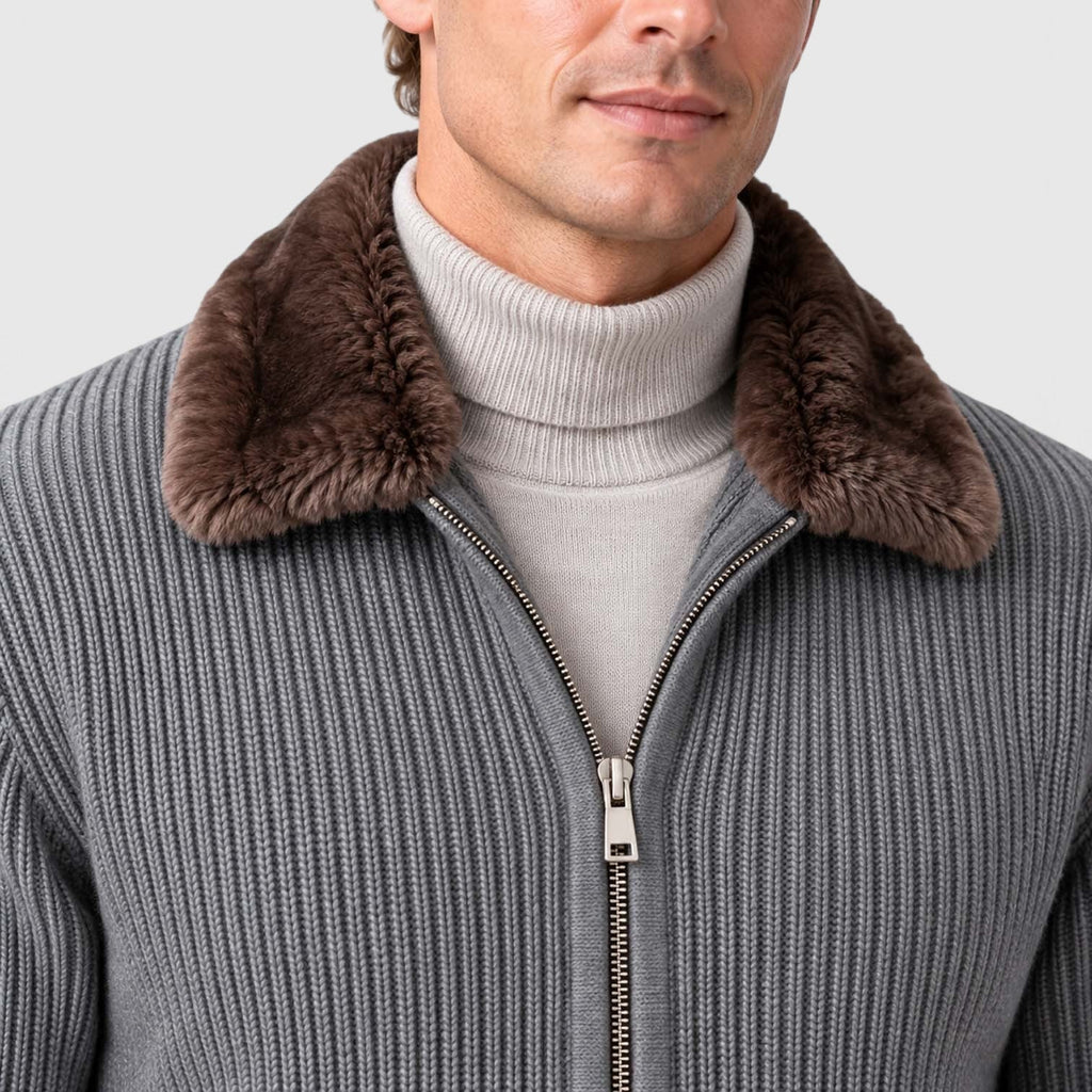Men's Ribbed Knit Zip Cardigan with Faux Fur Collar
