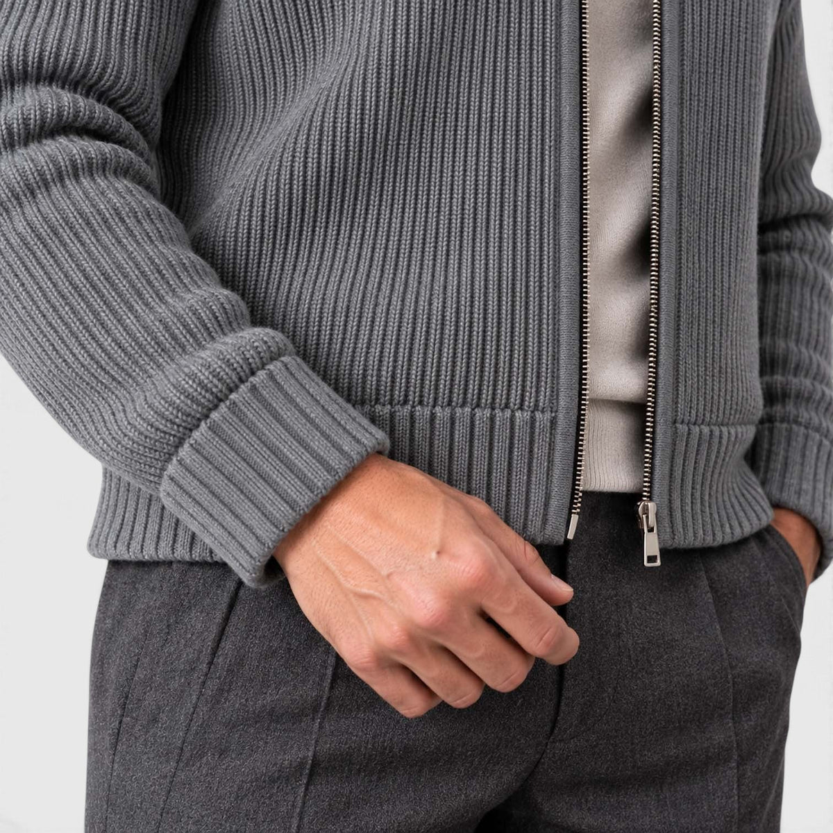 Men's Ribbed Knit Zip Cardigan with Faux Fur Collar