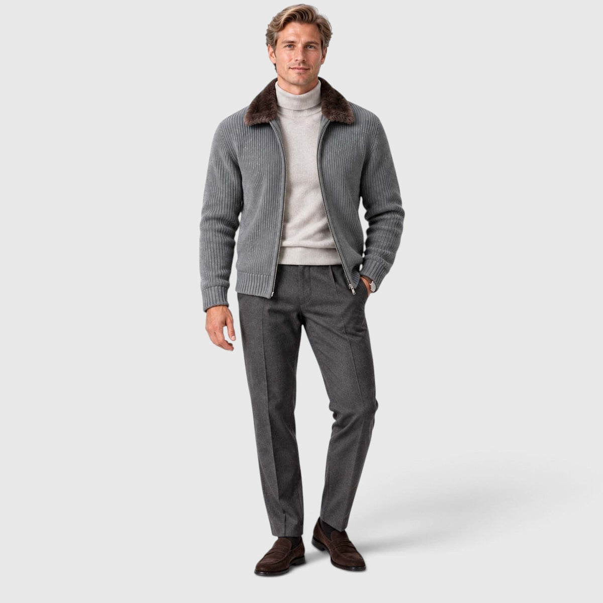 Men's Ribbed Knit Zip Cardigan with Faux Fur Collar