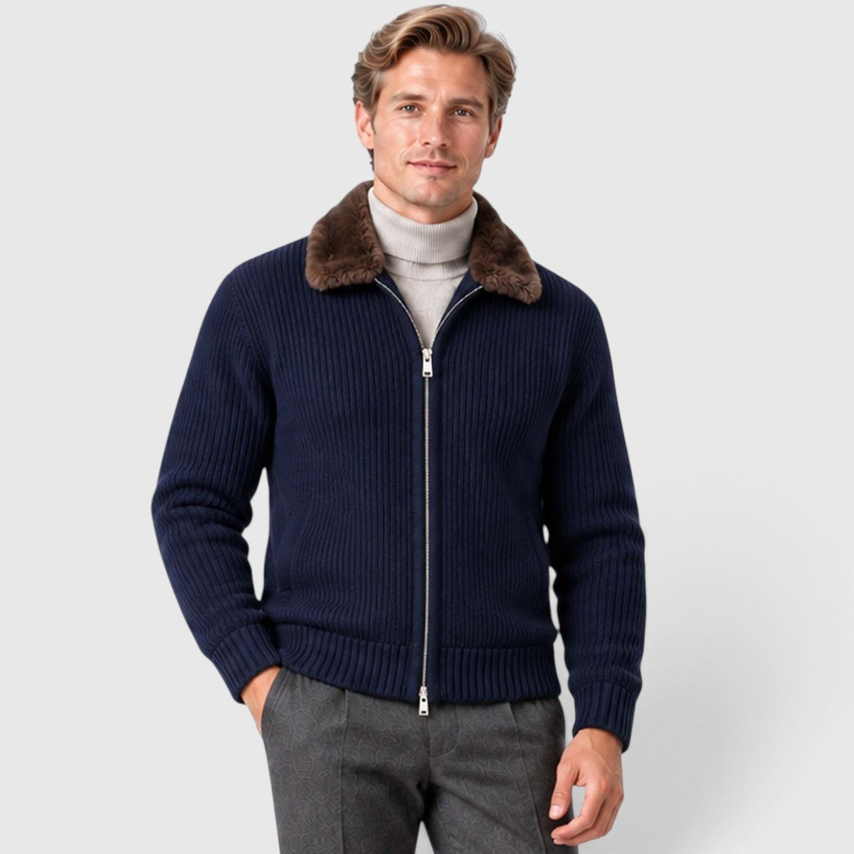 Men's Ribbed Knit Zip Cardigan with Faux Fur Collar