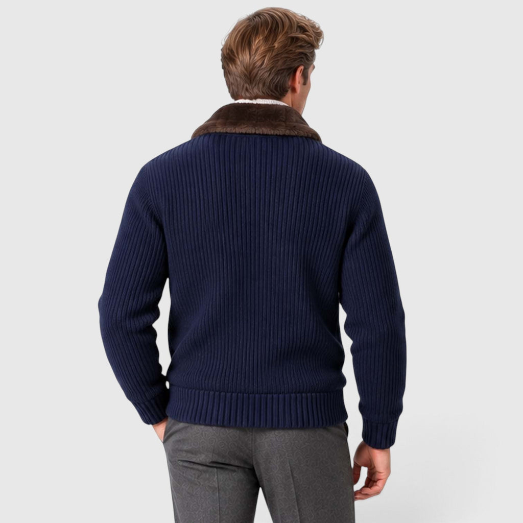 Men's Ribbed Knit Zip Cardigan with Faux Fur Collar