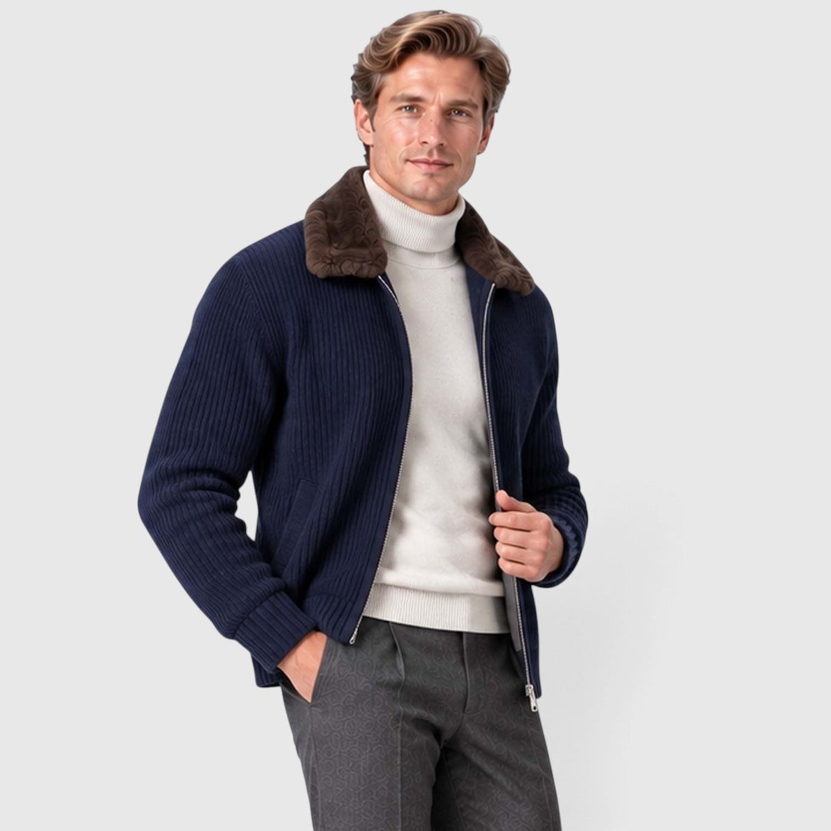 Men's Ribbed Knit Zip Cardigan with Faux Fur Collar