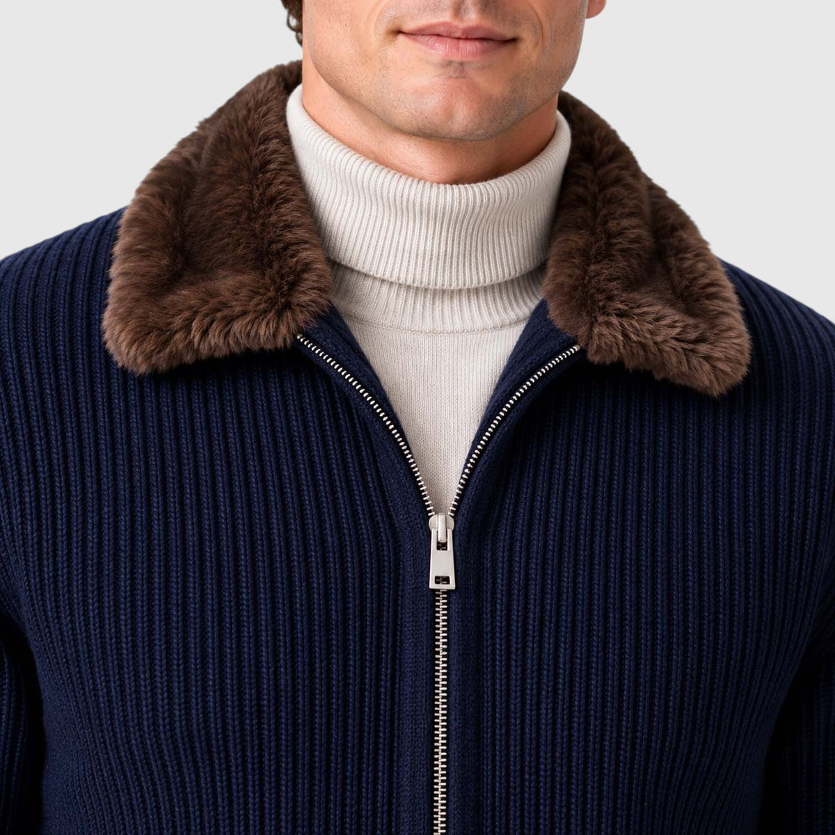 Men's Ribbed Knit Zip Cardigan with Faux Fur Collar