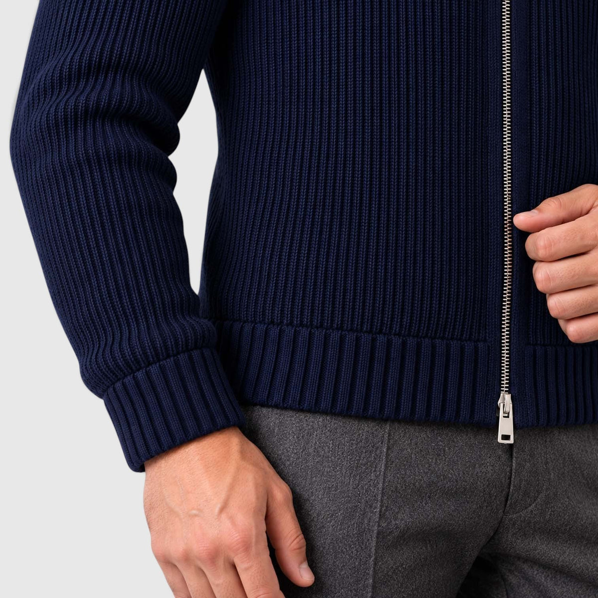 Men's Ribbed Knit Zip Cardigan with Faux Fur Collar