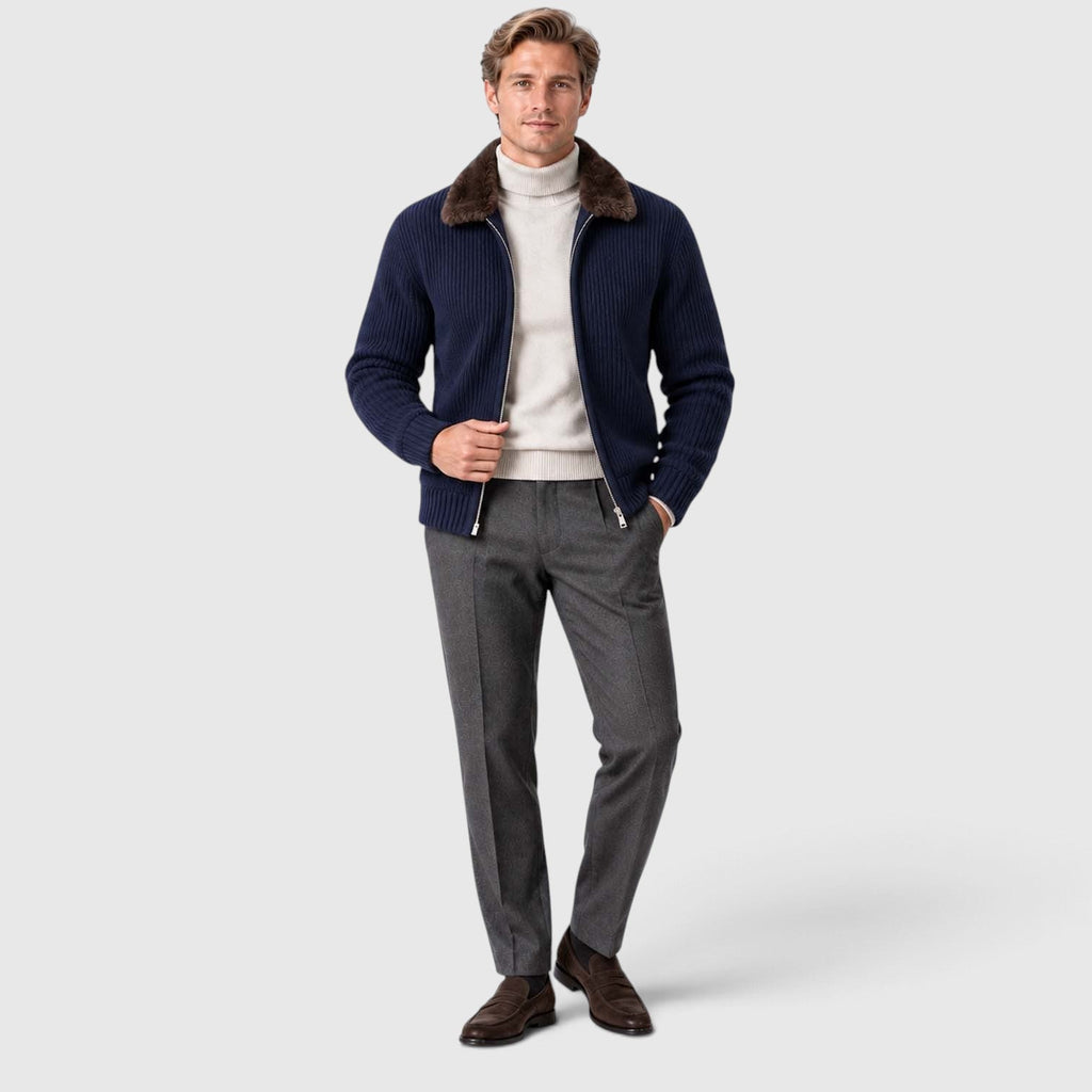 Men's Ribbed Knit Zip Cardigan with Faux Fur Collar