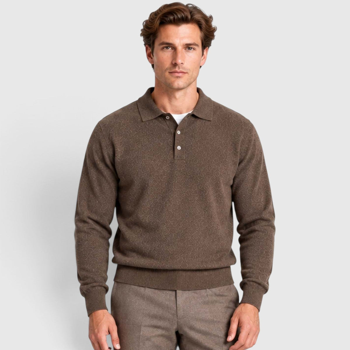 Men's Long-Sleeve Textured Polo Knit Sweater for Smart Casual Wear