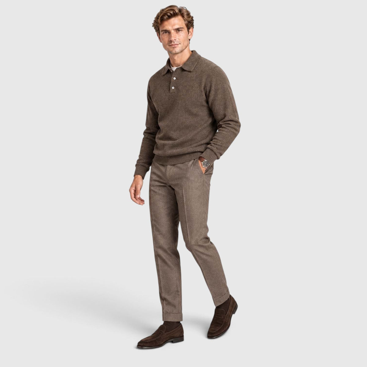 Men's Long-Sleeve Textured Polo Knit Sweater for Smart Casual Wear