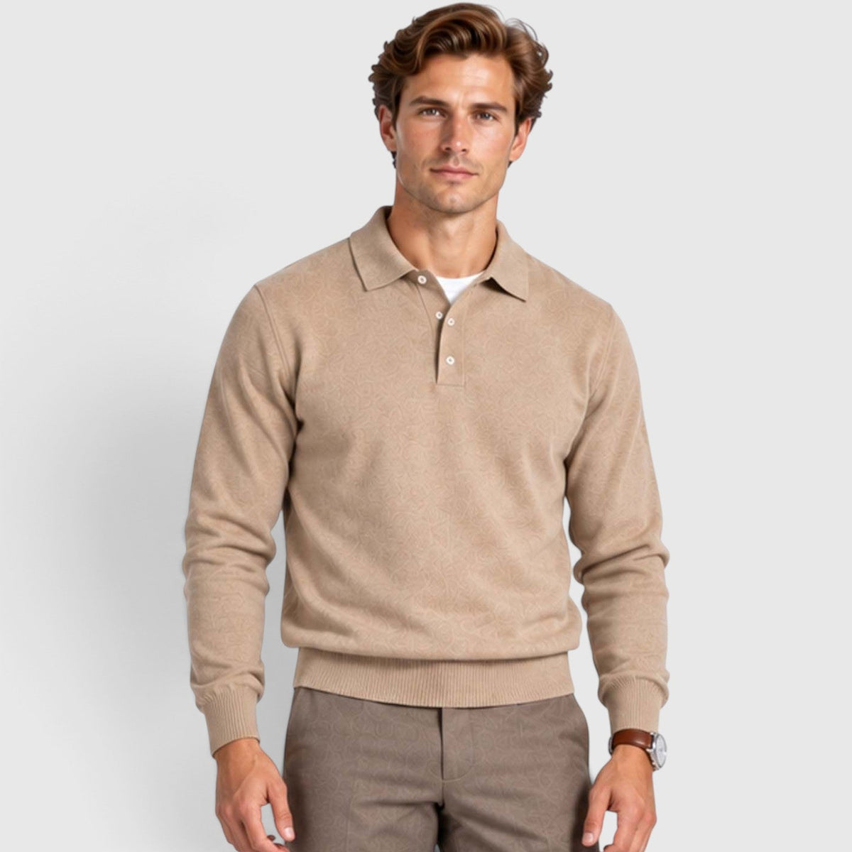 Men's Long-Sleeve Textured Polo Knit Sweater for Smart Casual Wear