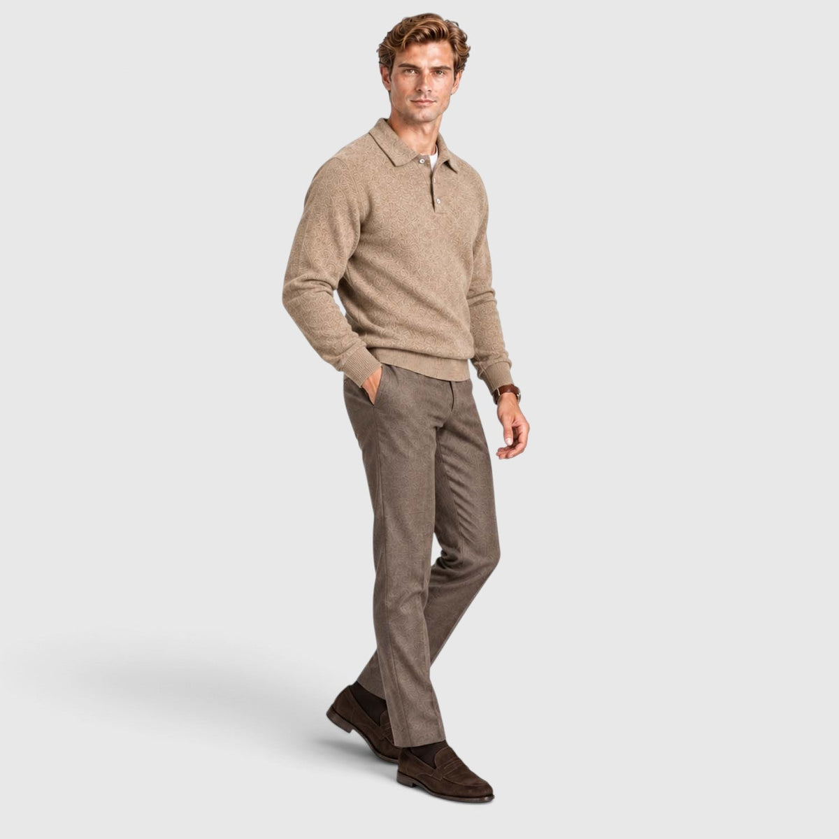 Men's Long-Sleeve Textured Polo Knit Sweater for Smart Casual Wear