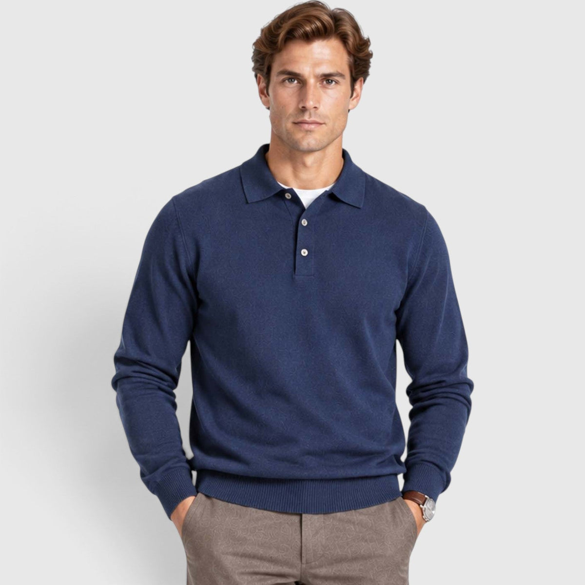 Men's Long-Sleeve Textured Polo Knit Sweater for Smart Casual Wear