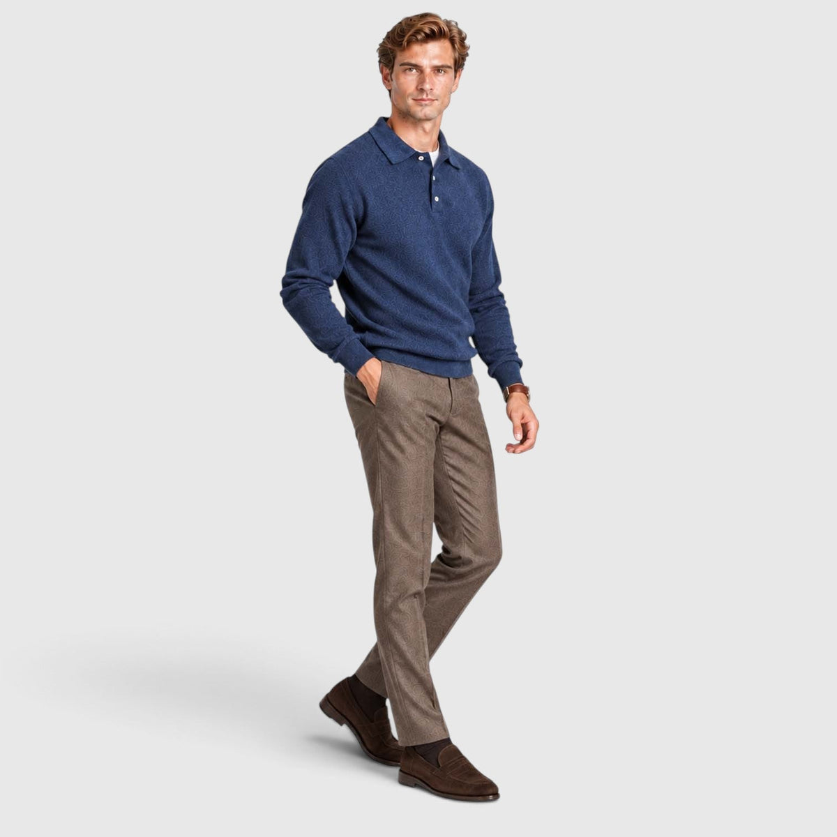Men's Long-Sleeve Textured Polo Knit Sweater for Smart Casual Wear