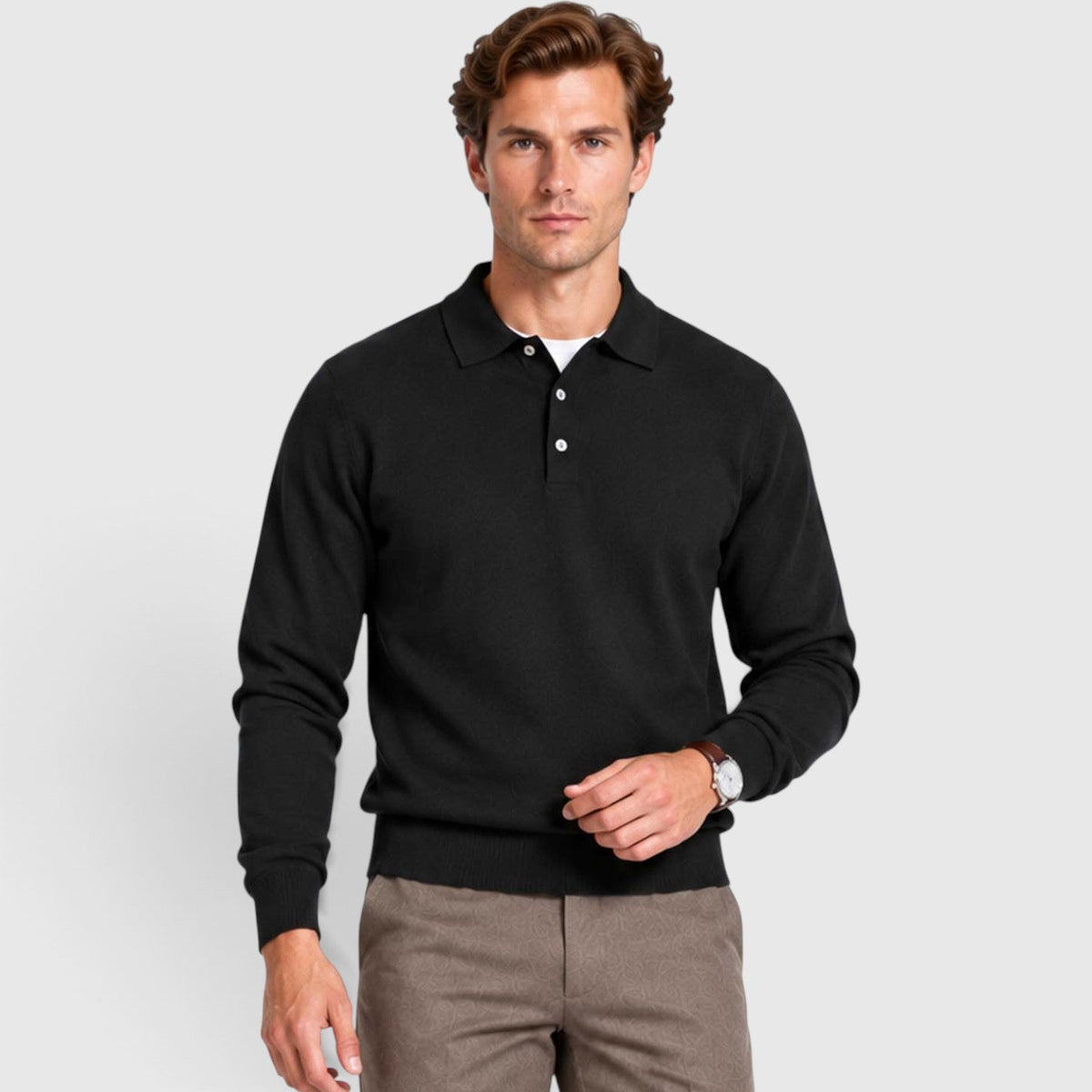 Men's Long-Sleeve Textured Polo Knit Sweater for Smart Casual Wear