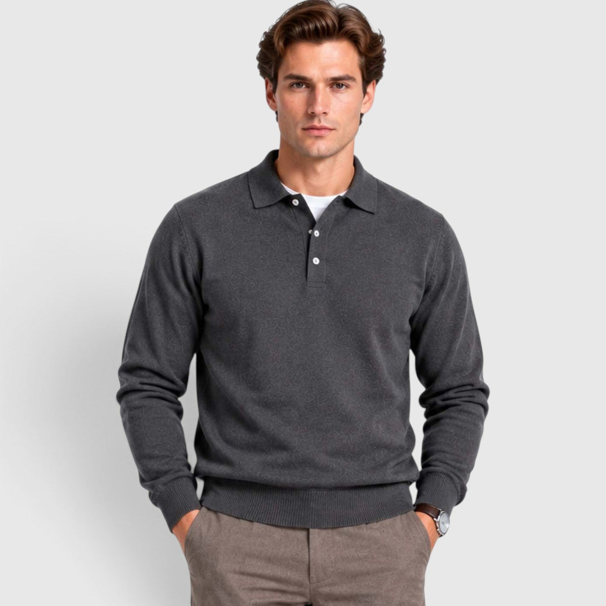 Men's Long-Sleeve Textured Polo Knit Sweater for Smart Casual Wear