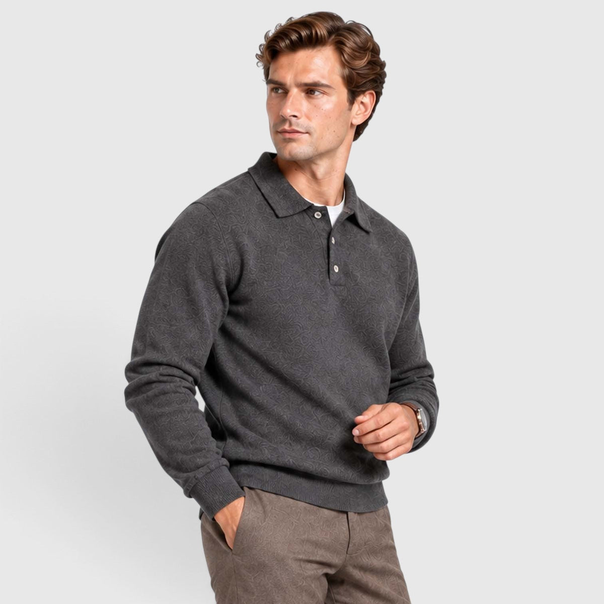 Men's Long-Sleeve Textured Polo Knit Sweater for Smart Casual Wear