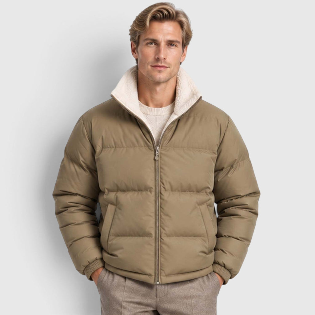 Men's Reversible Sherpa-Lined Puffer Jacket with Stand Collar