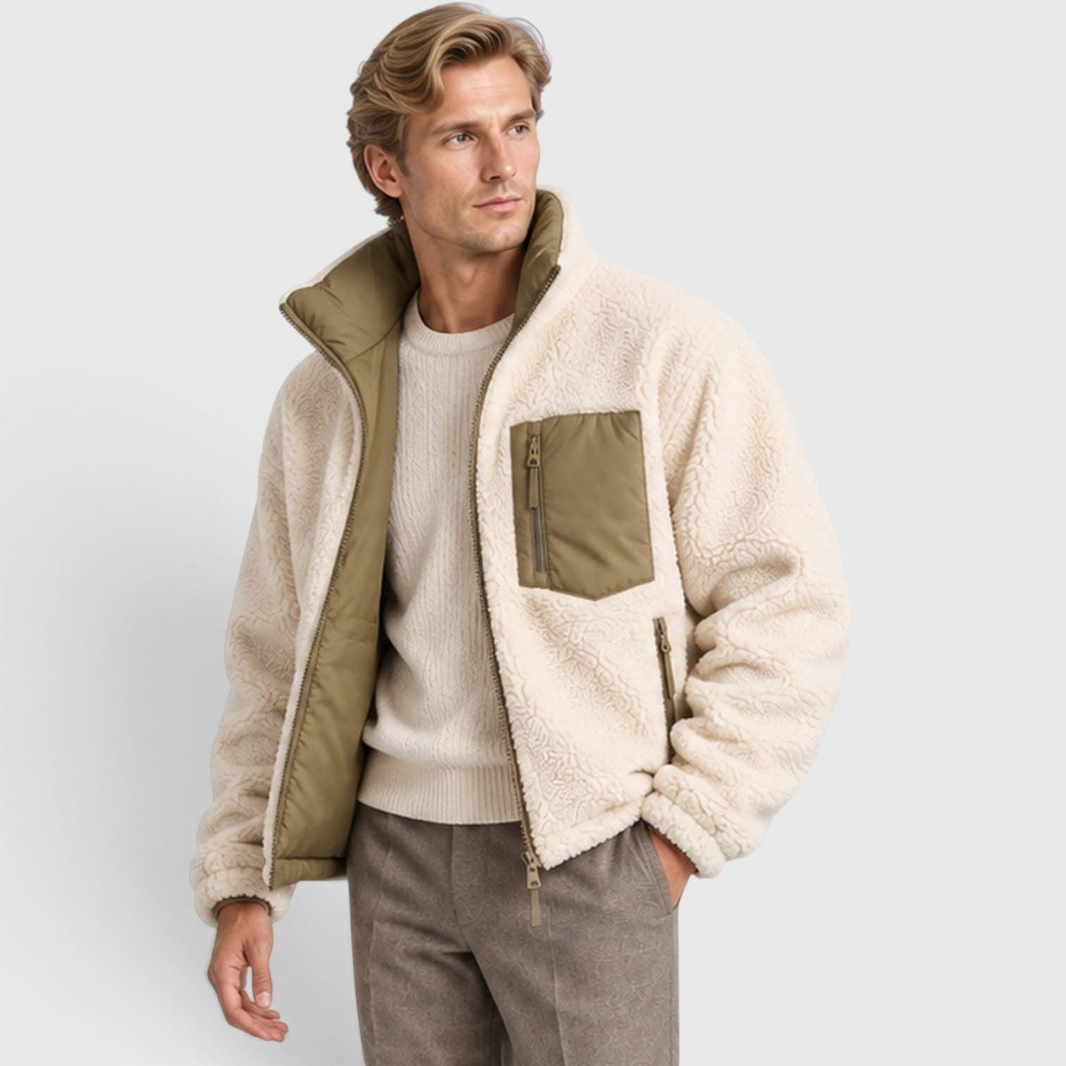 Men's Reversible Sherpa-Lined Puffer Jacket with Stand Collar