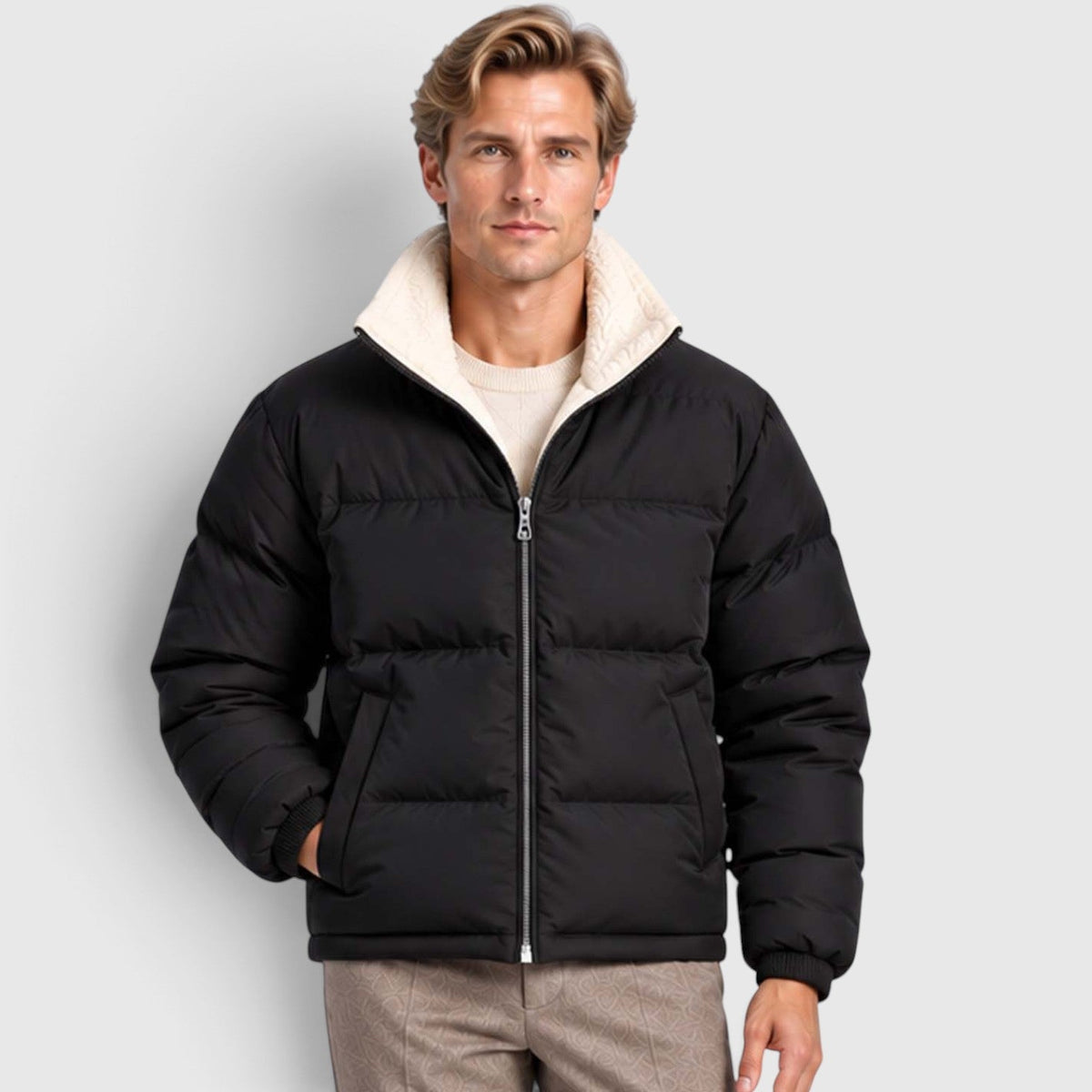 Men's Reversible Sherpa-Lined Puffer Jacket with Stand Collar
