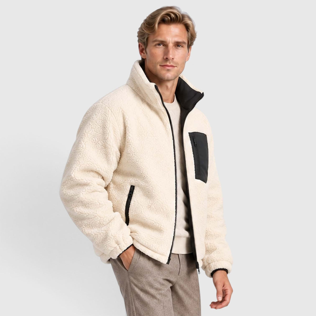 Men's Reversible Sherpa-Lined Puffer Jacket with Stand Collar