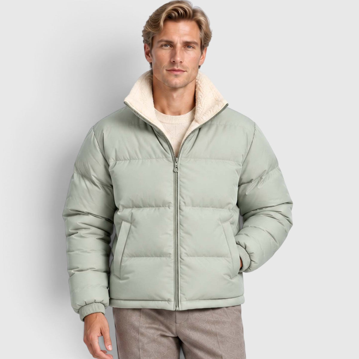 Men's Reversible Sherpa-Lined Puffer Jacket with Stand Collar