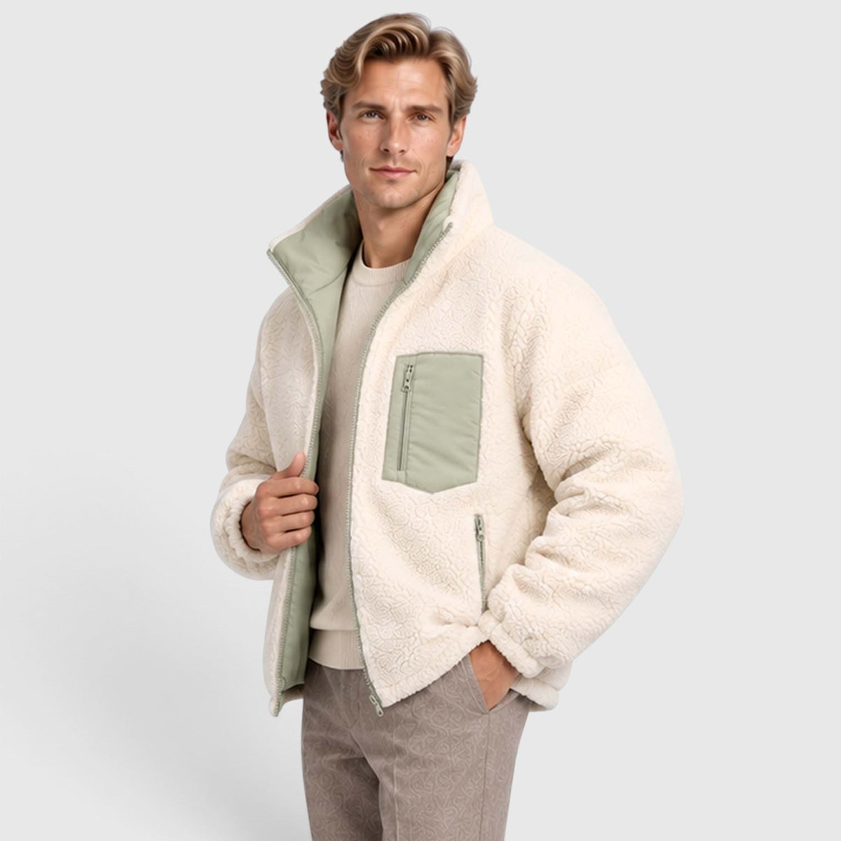 Men's Reversible Sherpa-Lined Puffer Jacket with Stand Collar