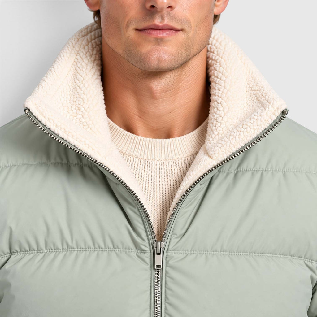 Men's Reversible Sherpa-Lined Puffer Jacket with Stand Collar