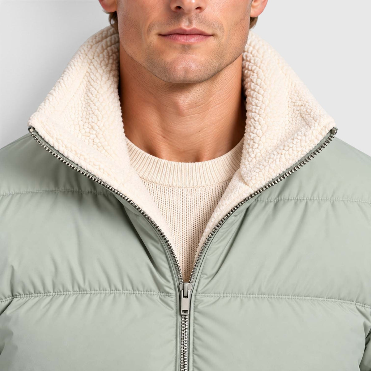 Men's Reversible Sherpa-Lined Puffer Jacket with Stand Collar