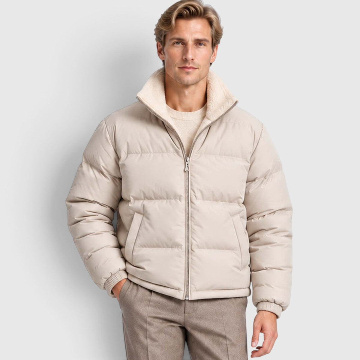 Men's Reversible Sherpa-Lined Puffer Jacket with Stand Collar
