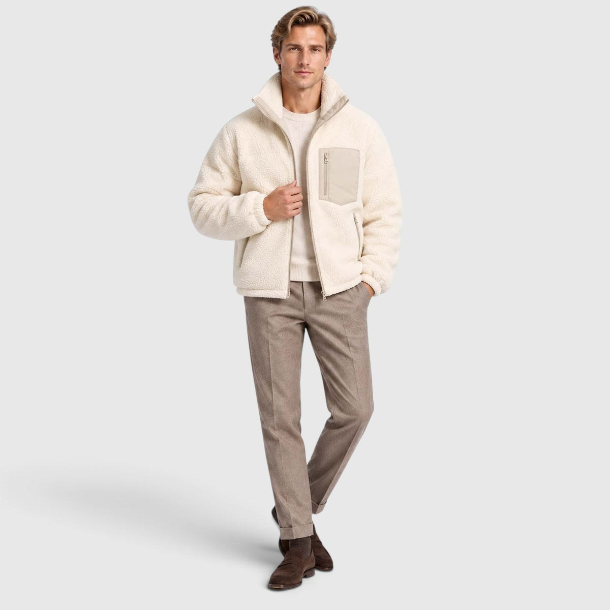 Men's Reversible Sherpa-Lined Puffer Jacket with Stand Collar