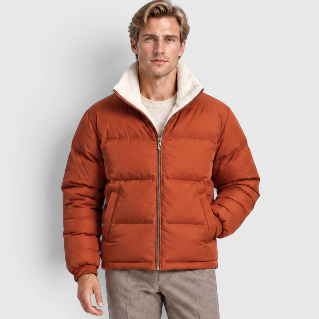 Men's Reversible Sherpa-Lined Puffer Jacket with Stand Collar