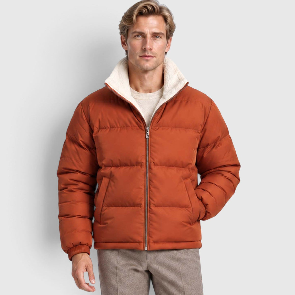 Men's Reversible Sherpa-Lined Puffer Jacket with Stand Collar
