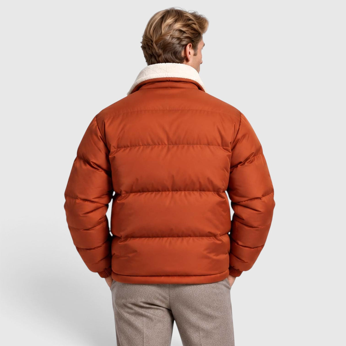 Men's Reversible Sherpa-Lined Puffer Jacket with Stand Collar
