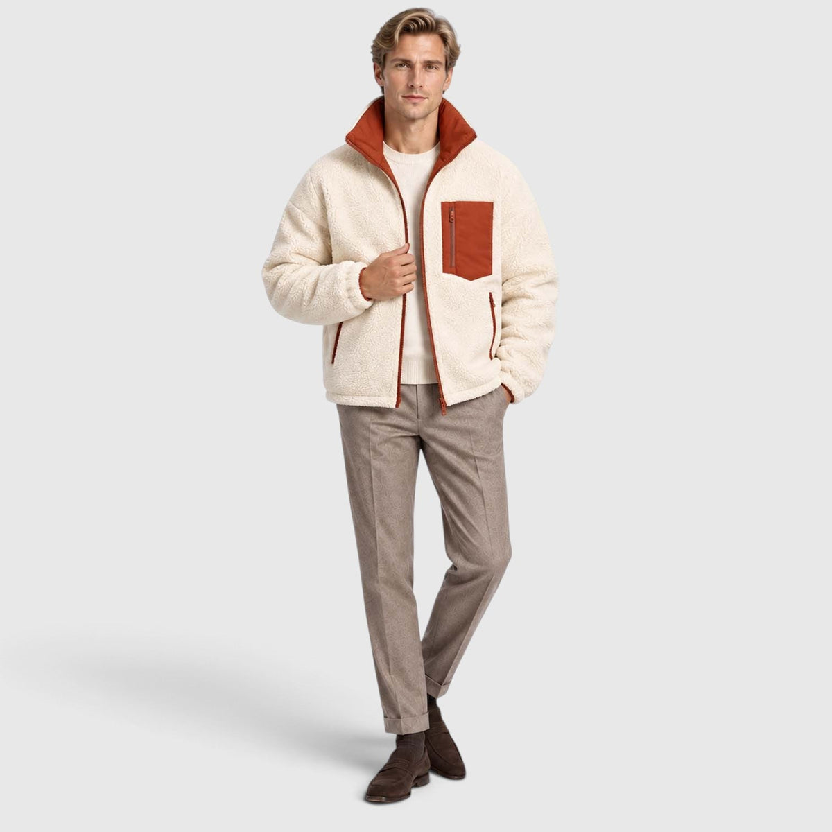 Men's Reversible Sherpa-Lined Puffer Jacket with Stand Collar