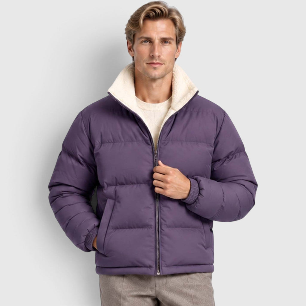 Men's Reversible Sherpa-Lined Puffer Jacket with Stand Collar