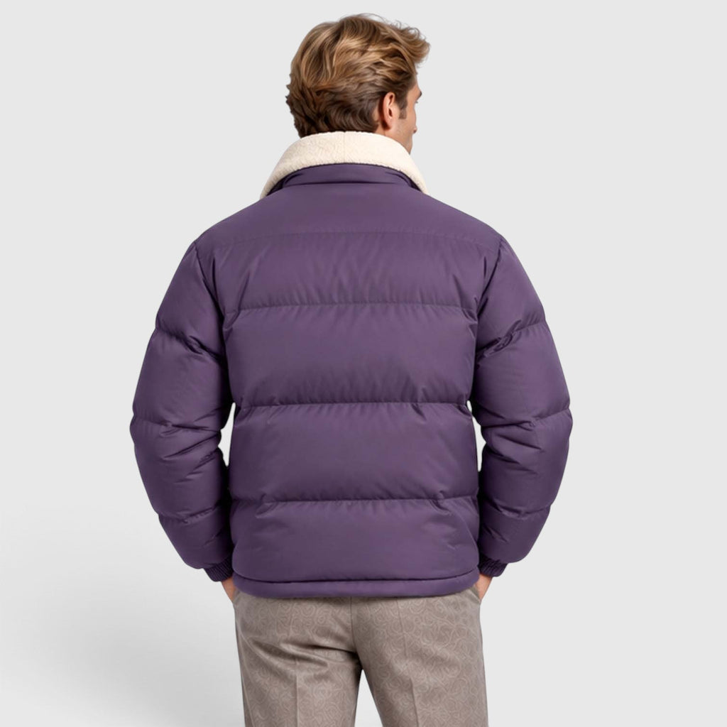 Men's Reversible Sherpa-Lined Puffer Jacket with Stand Collar