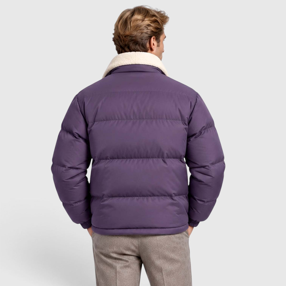 Men's Reversible Sherpa-Lined Puffer Jacket with Stand Collar
