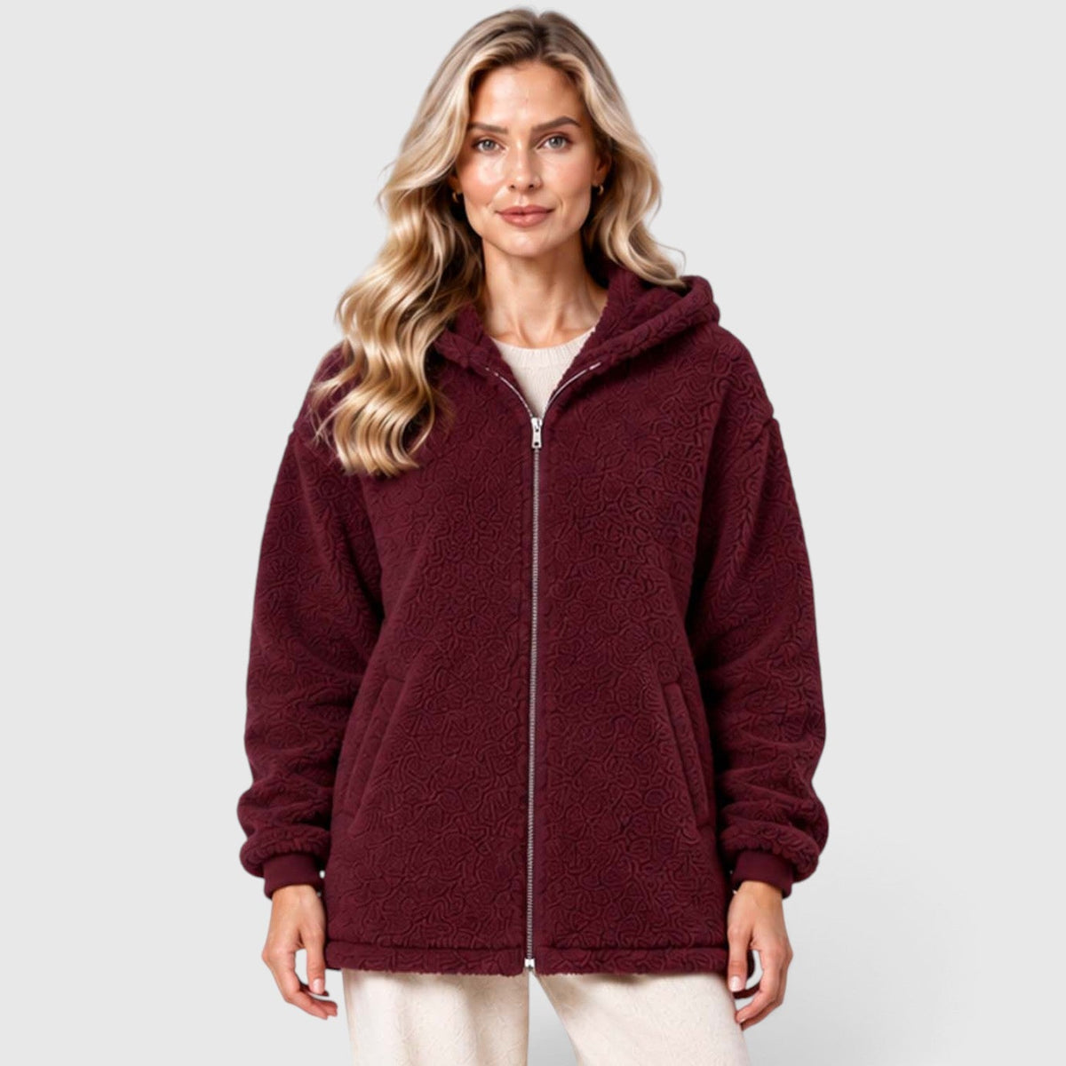 Women's Teddy Fleece Zip-Up Cardigan with Hood and Pockets