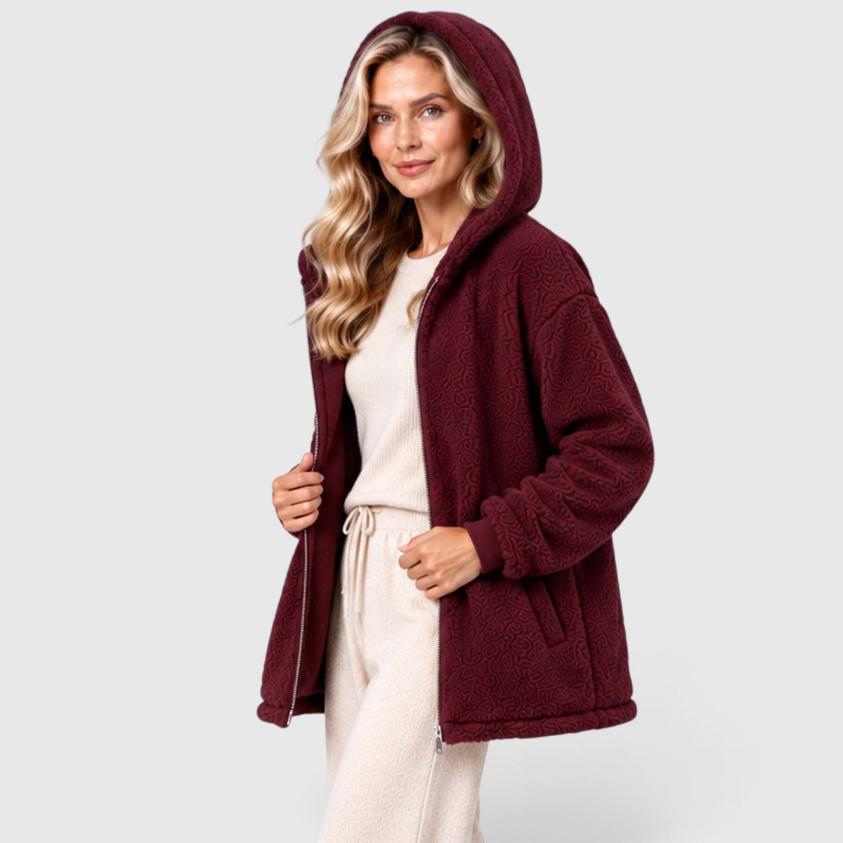 Women's Teddy Fleece Zip-Up Cardigan with Hood and Pockets
