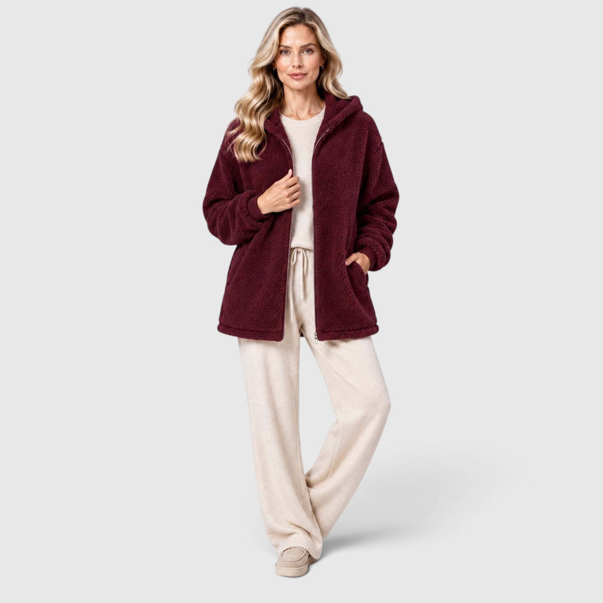 Women's Teddy Fleece Zip-Up Cardigan with Hood and Pockets