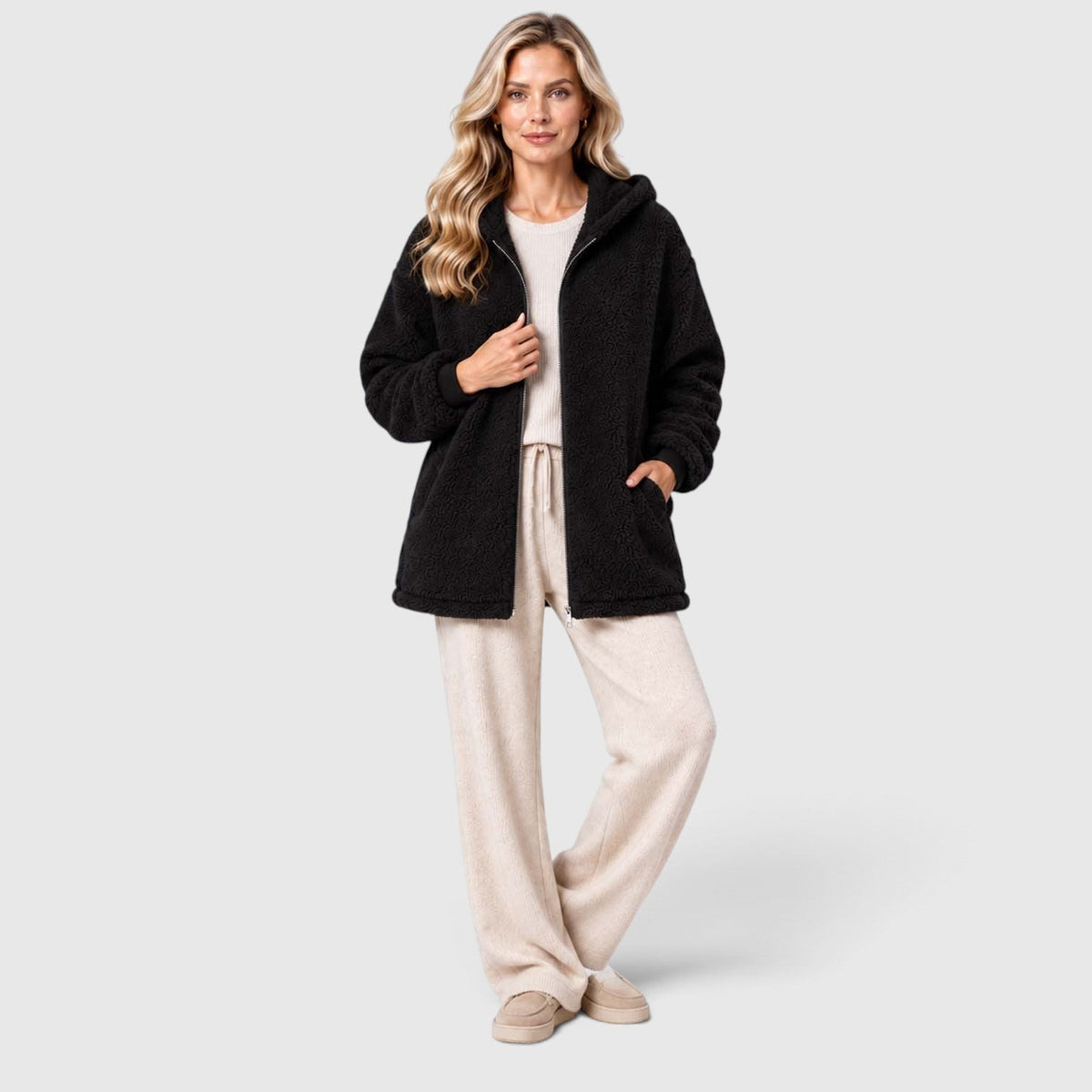 Women's Teddy Fleece Zip-Up Cardigan with Hood and Pockets