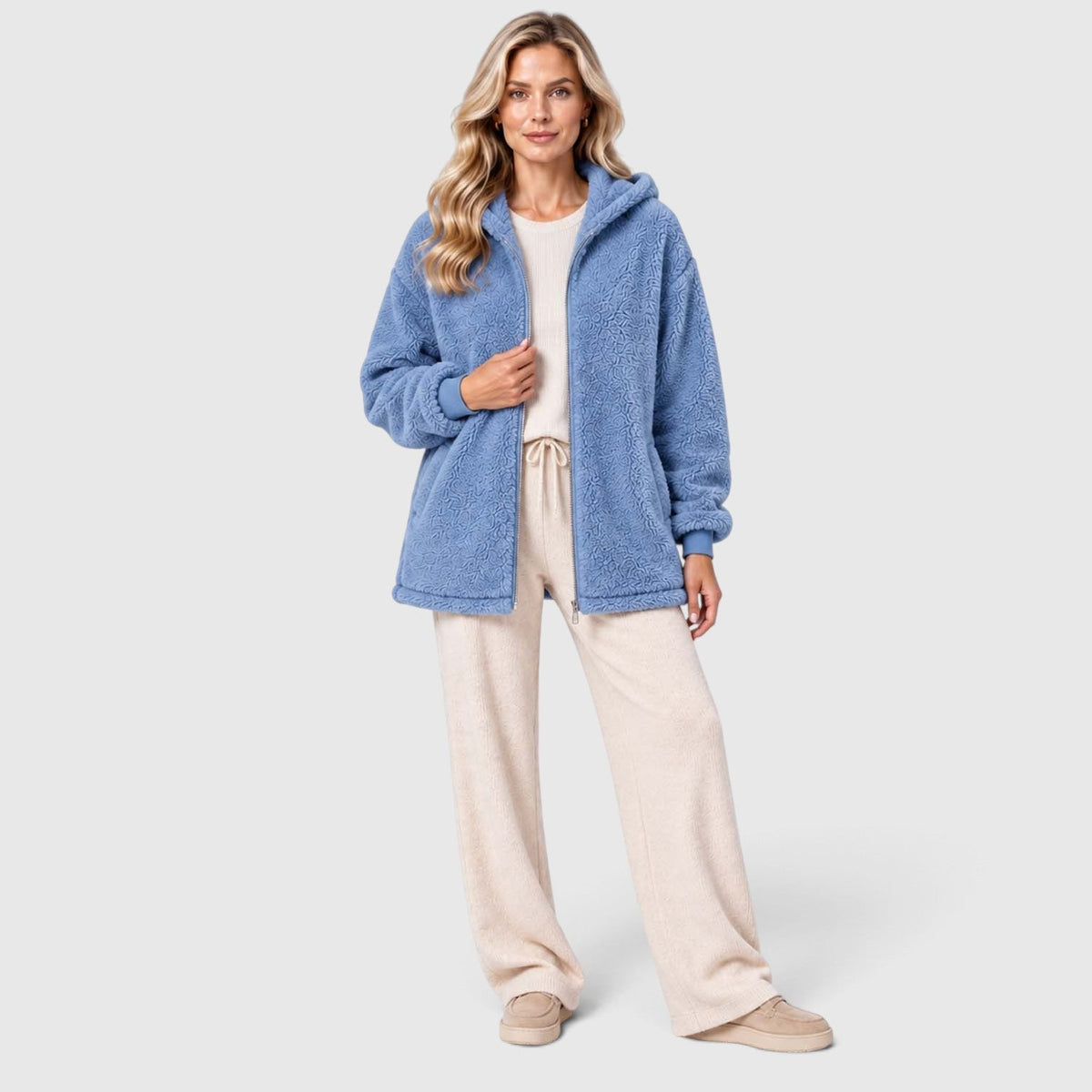Women's Teddy Fleece Zip-Up Cardigan with Hood and Pockets