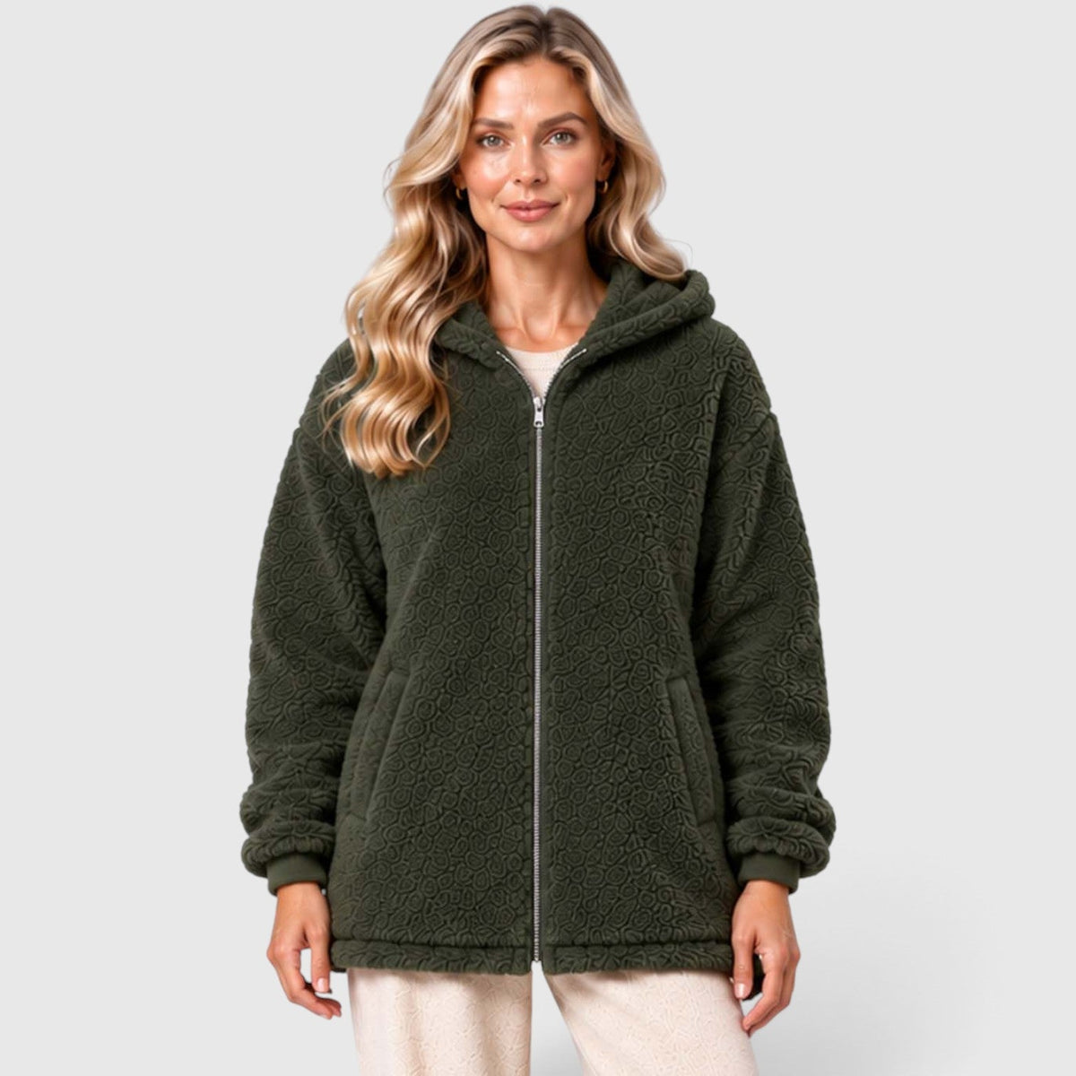 Women's Teddy Fleece Zip-Up Cardigan with Hood and Pockets