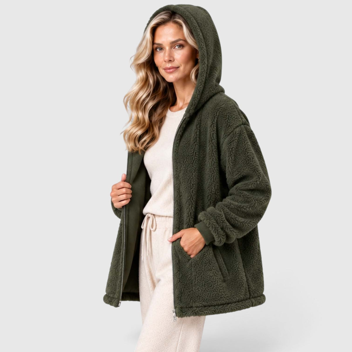 Women's Teddy Fleece Zip-Up Cardigan with Hood and Pockets