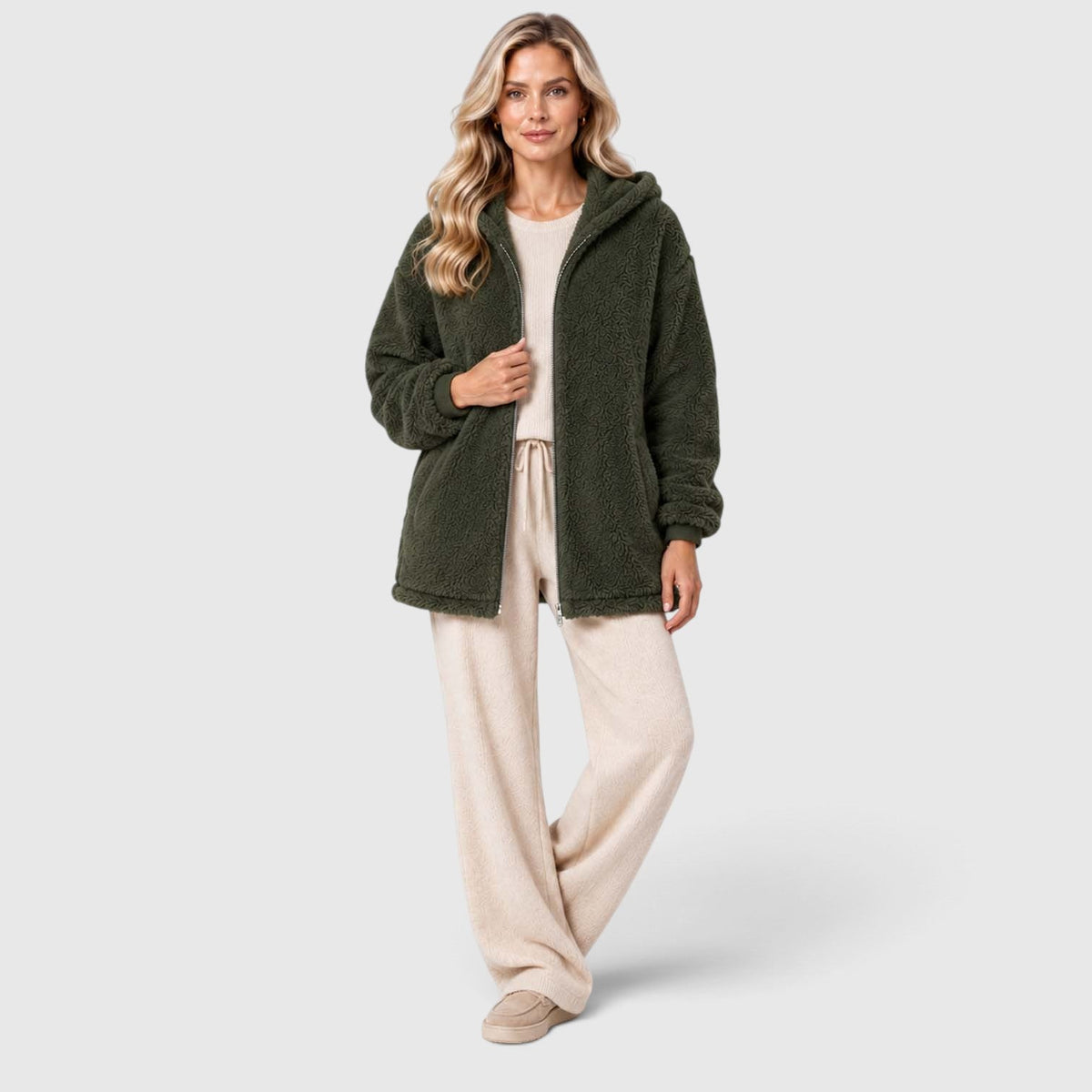 Women's Teddy Fleece Zip-Up Cardigan with Hood and Pockets