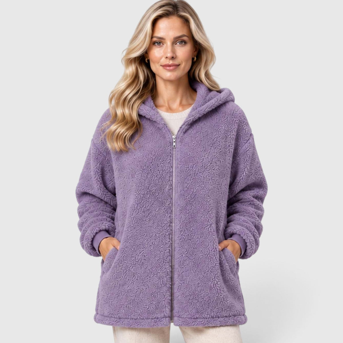 Women's Teddy Fleece Zip-Up Cardigan with Hood and Pockets