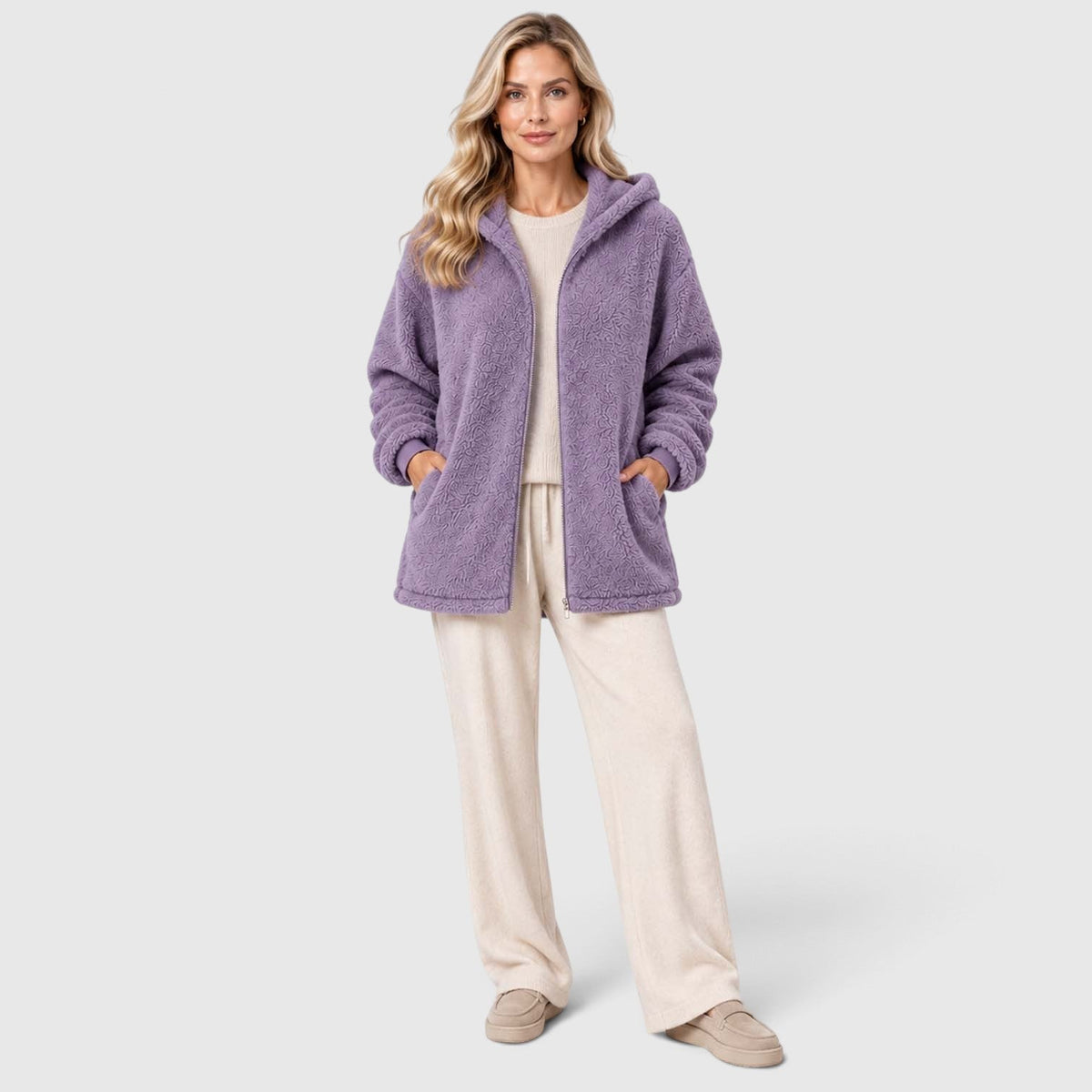 Women's Teddy Fleece Zip-Up Cardigan with Hood and Pockets