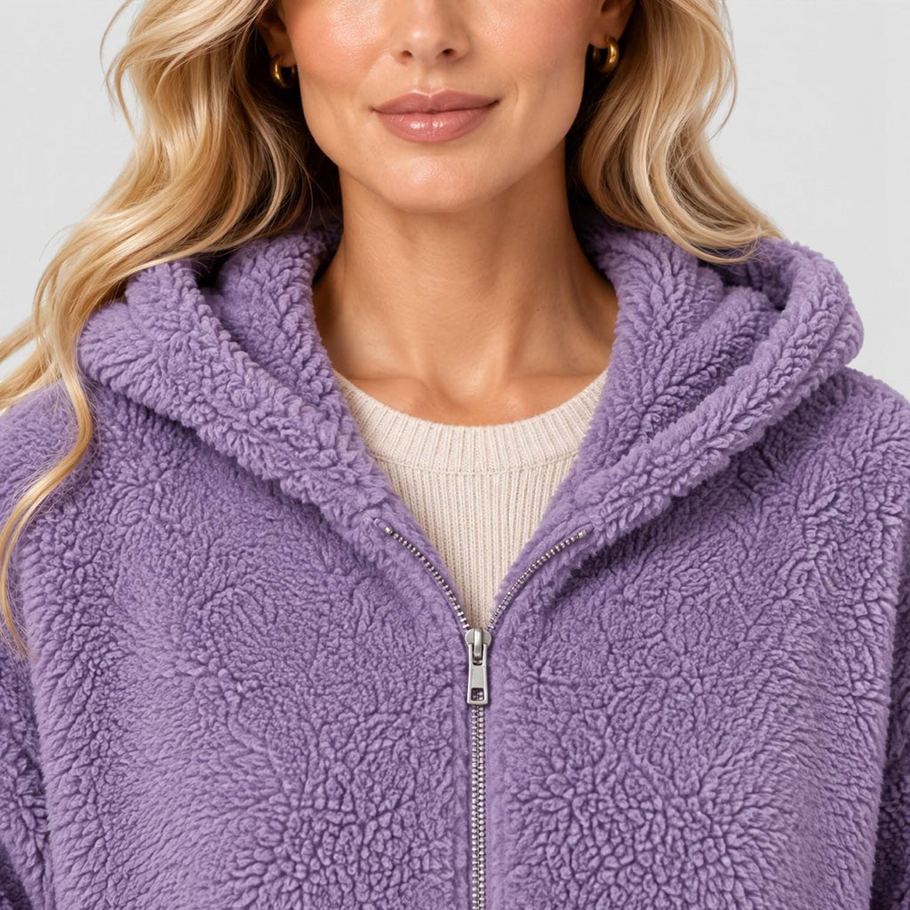 Women's Teddy Fleece Zip-Up Cardigan with Hood and Pockets